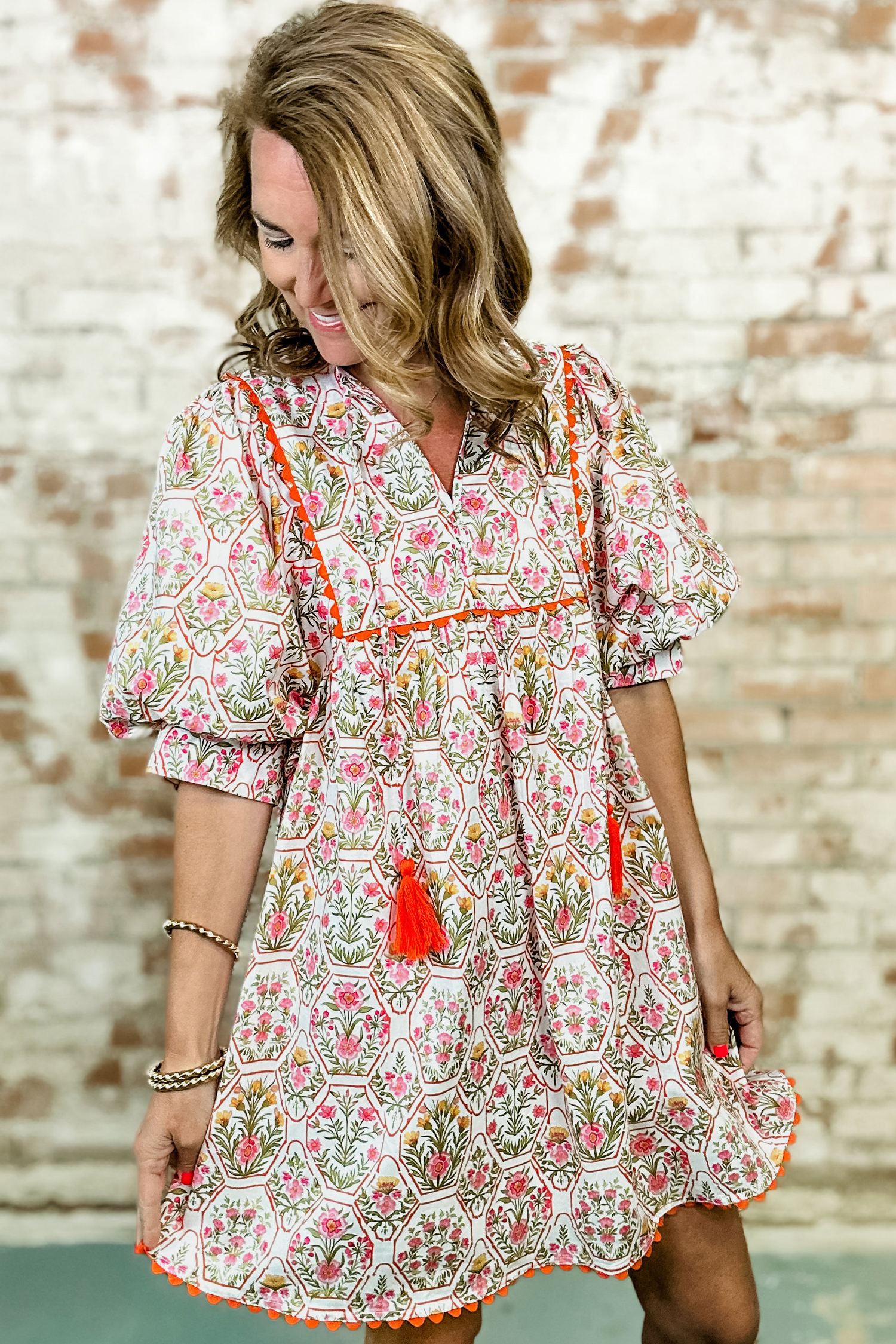 Lvness Pink Floral Print Tassel Tie V Neck Scalloped Detail Loose Mini Dress