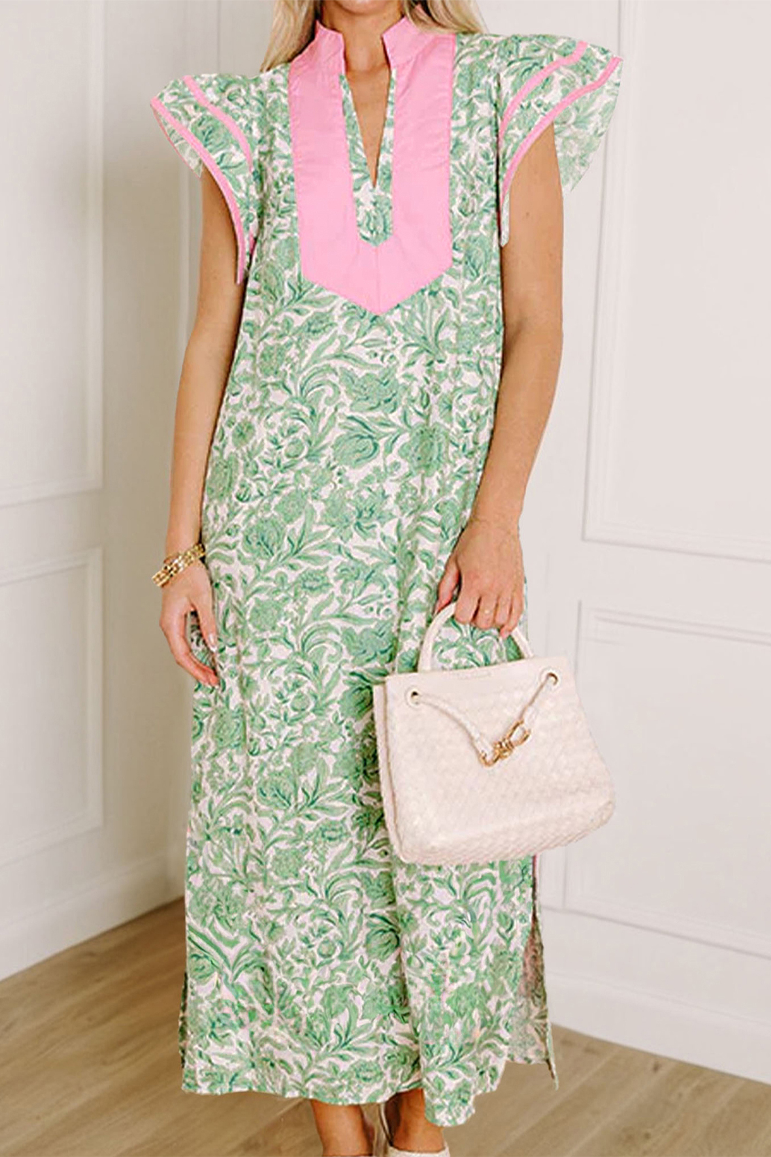 Lvness Green Floral Print Color Block Patchwork V Neck Short Sleeve Midi Dress