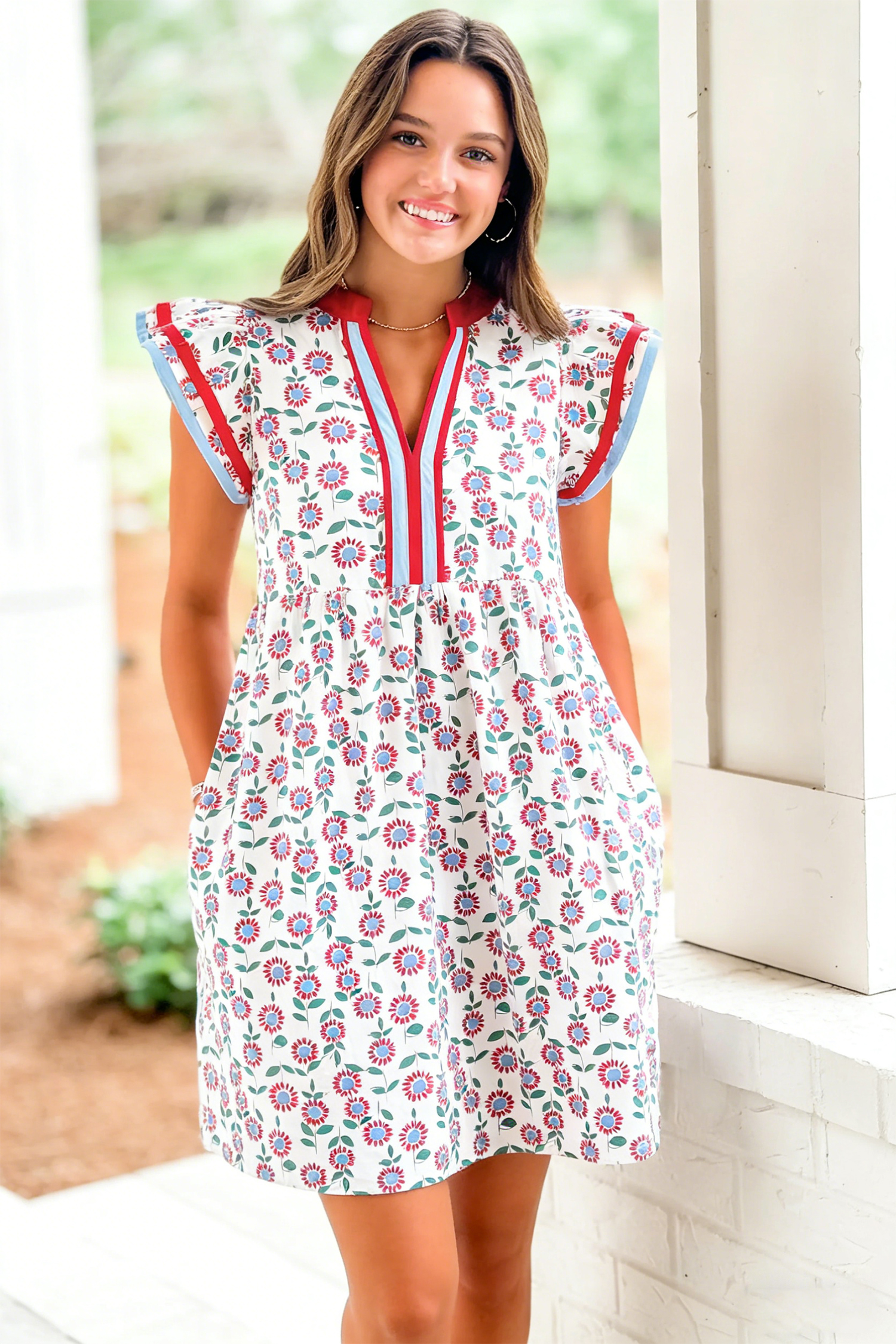 Lvness Red Floral Print Contrast Trim Flutter Sleeve Mini Dress