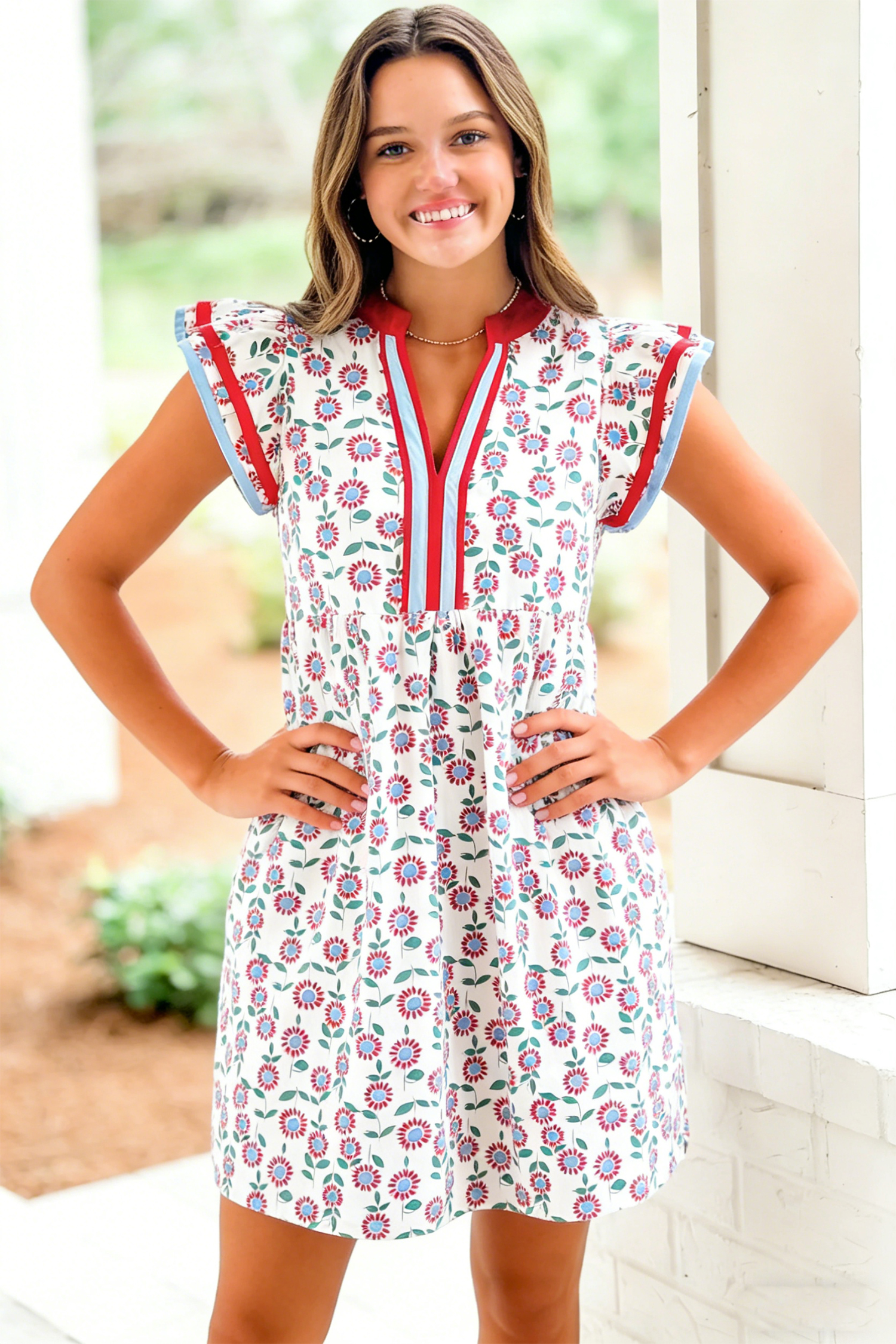 Lvness Red Floral Print Contrast Trim Flutter Sleeve Mini Dress