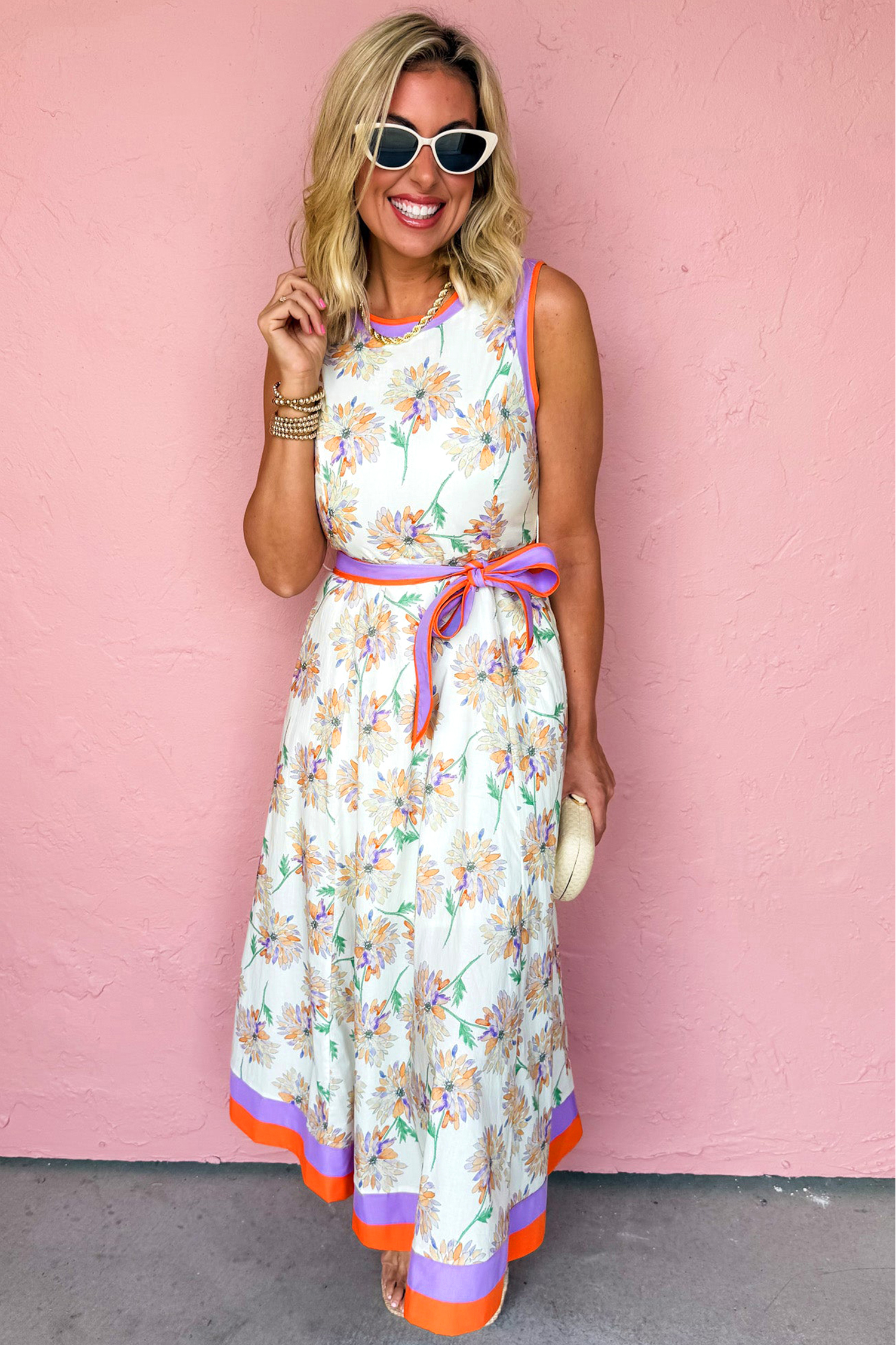 Lvness White Floral Print Color Block Trim Belted Sleeveless Maxi Dress
