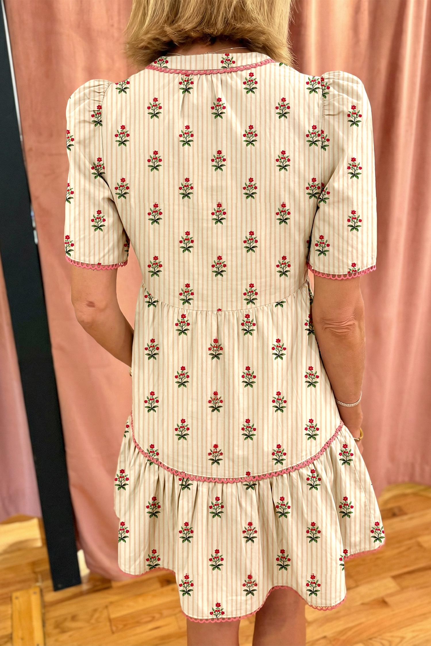 Lvness Apricot Striped Floral Print Contrast Detail Ruffle Hem Short Dress