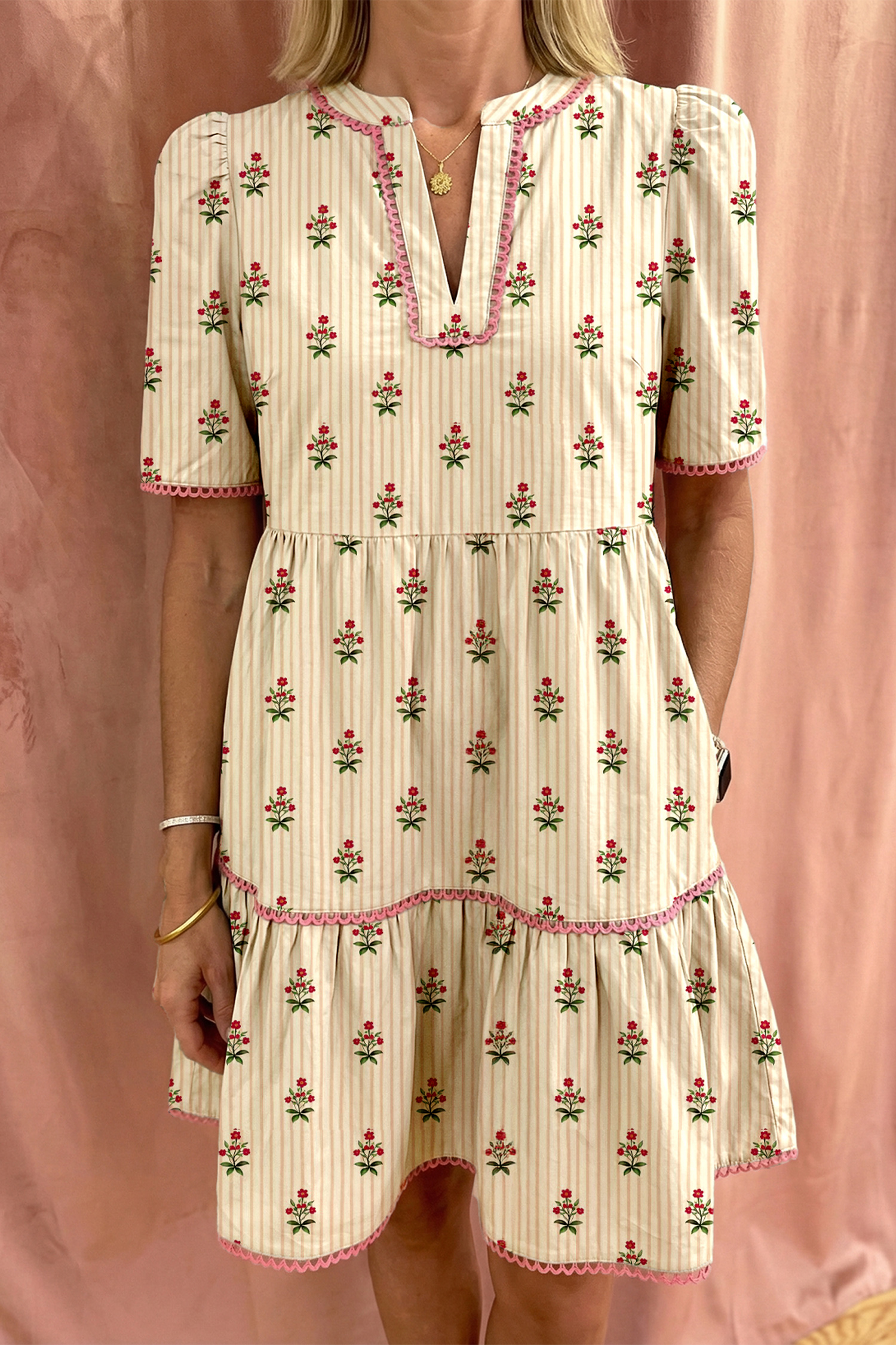 Lvness Apricot Striped Floral Print Contrast Detail Ruffle Hem Short Dress