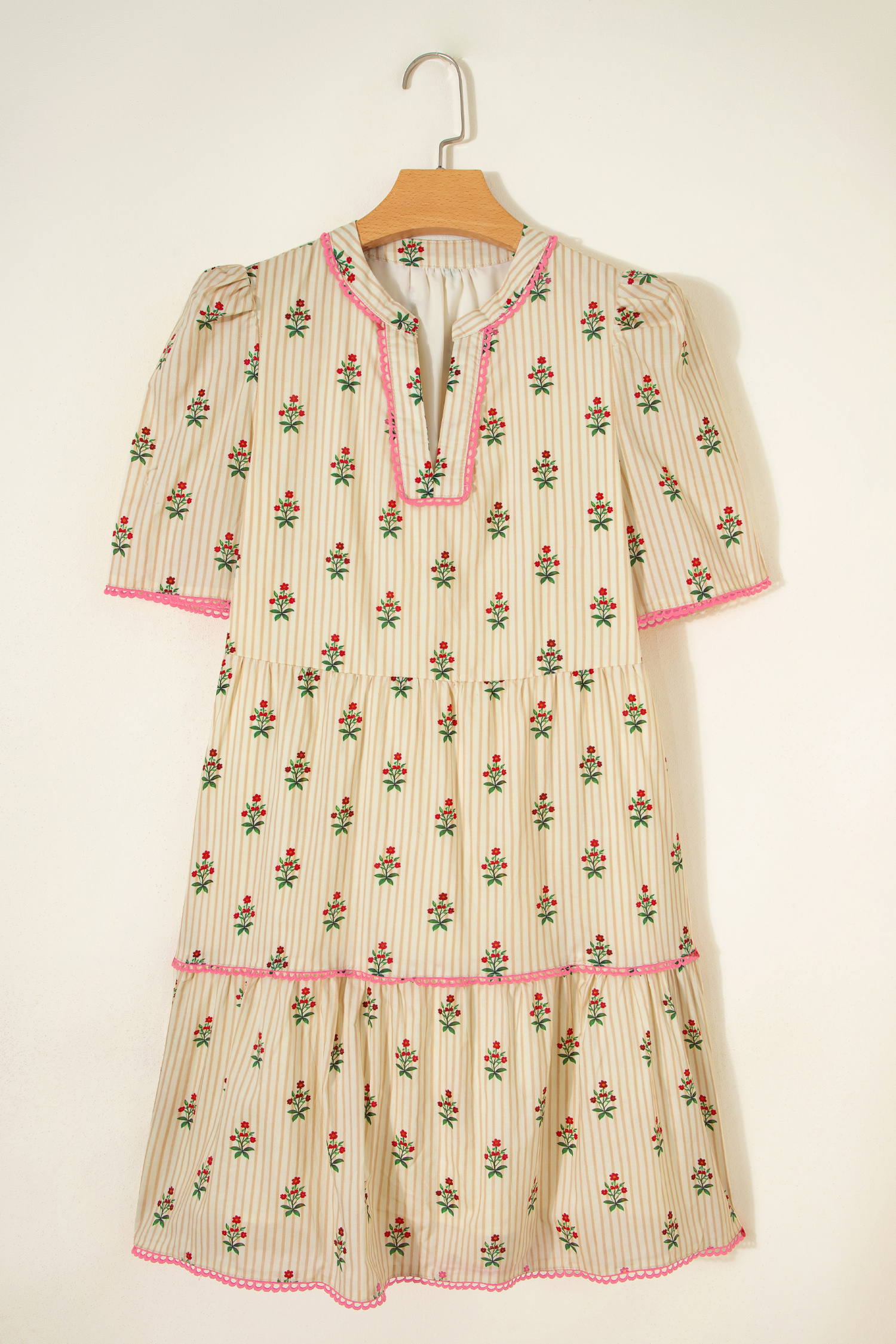 Lvness Apricot Striped Floral Print Contrast Detail Ruffle Hem Short Dress