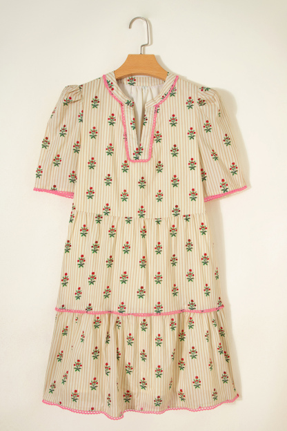 Lvness Apricot Striped Floral Print Contrast Detail Ruffle Hem Short Dress