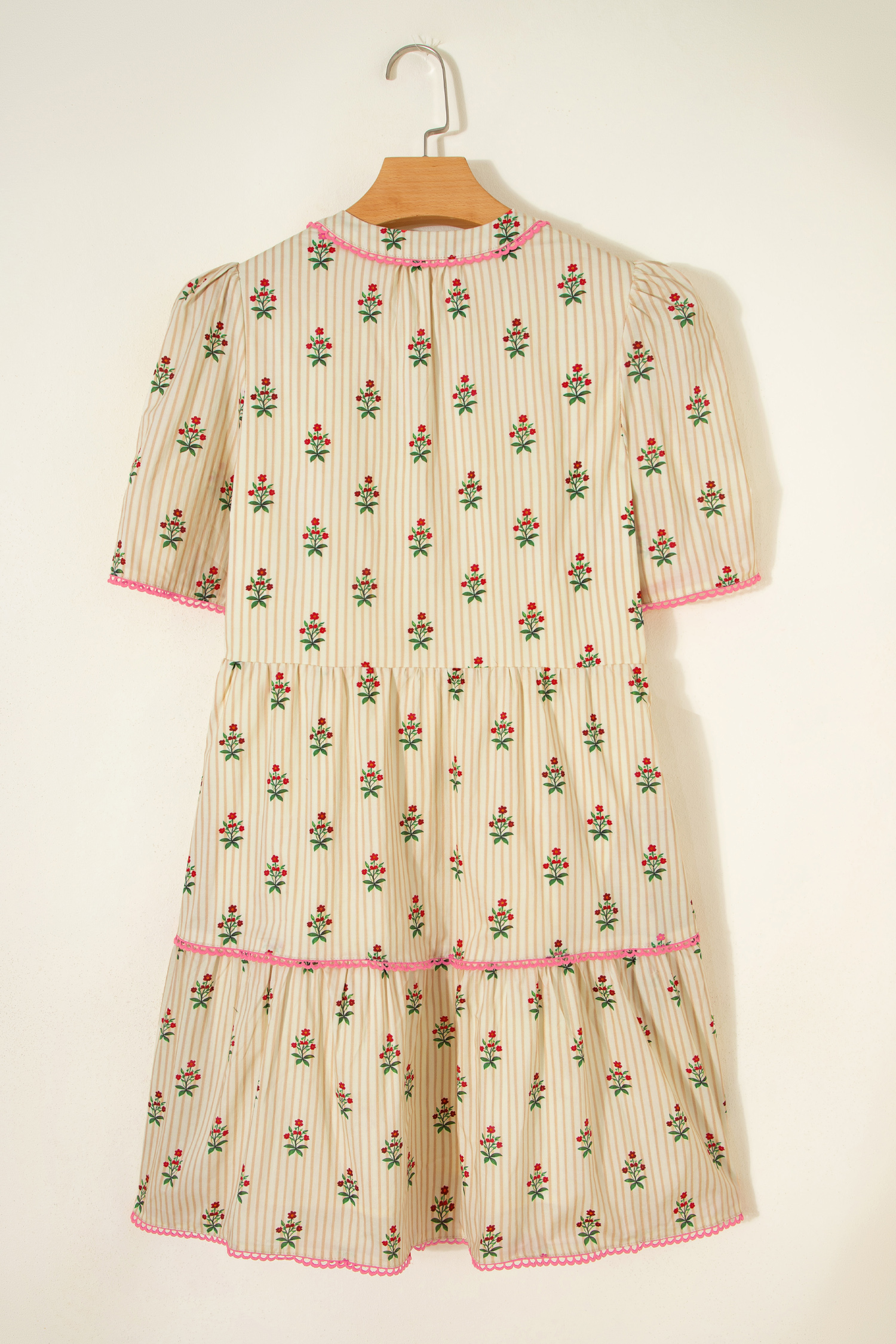 Lvness Apricot Striped Floral Print Contrast Detail Ruffle Hem Short Dress