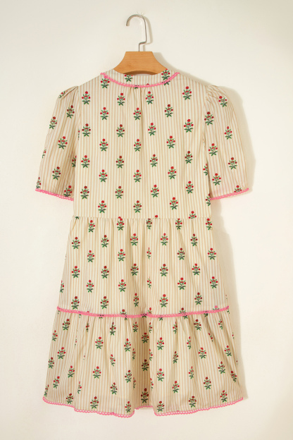 Lvness Apricot Striped Floral Print Contrast Detail Ruffle Hem Short Dress