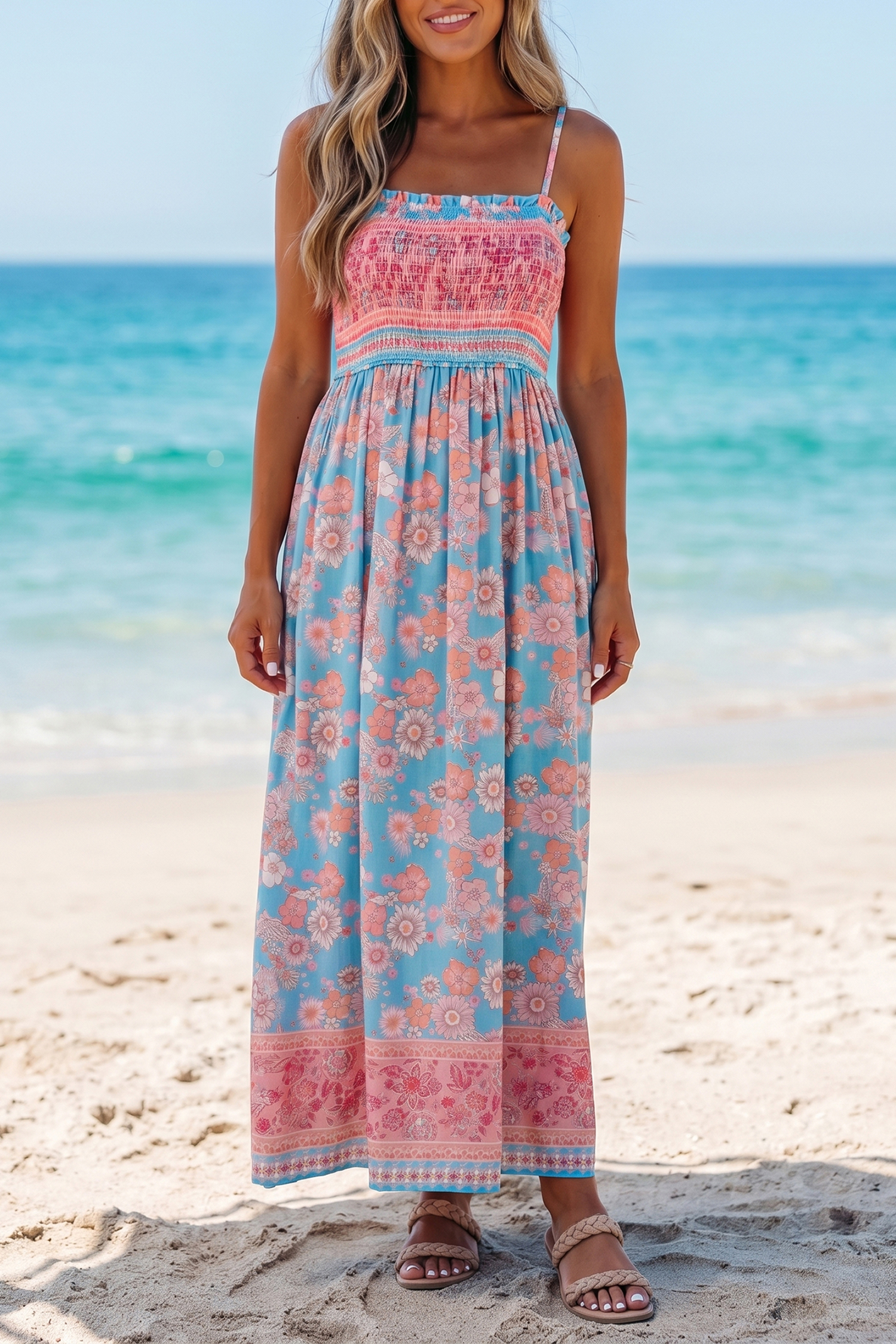 Lvness Sky Blue Bohemian Ethnic Print Spaghetti Straps Vacation Maxi Dress