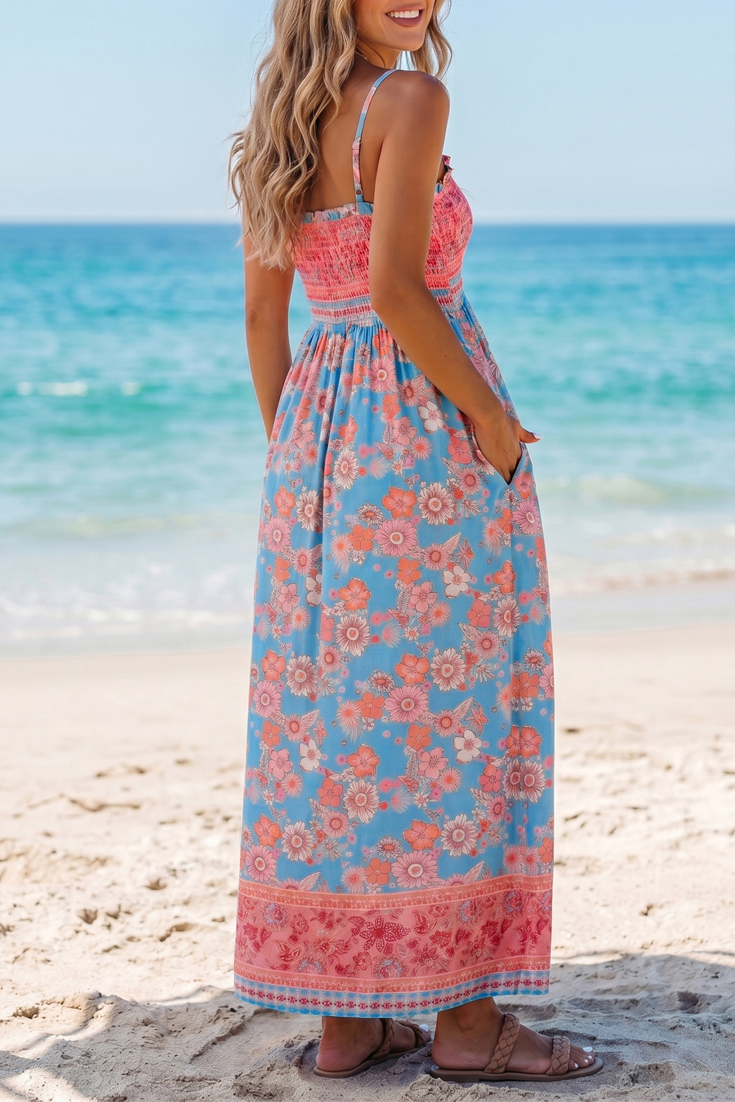 Lvness Sky Blue Bohemian Ethnic Print Spaghetti Straps Vacation Maxi Dress
