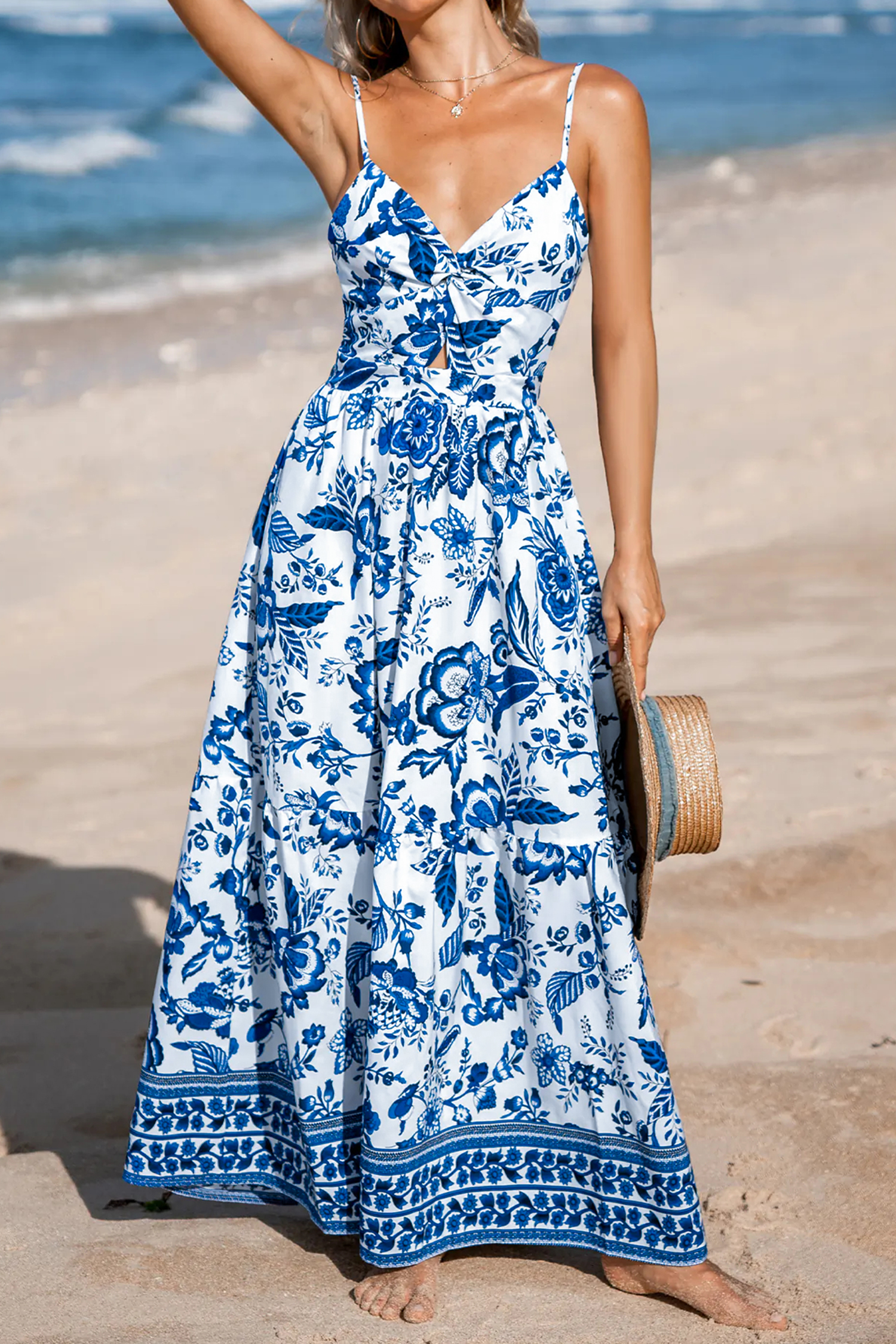 Lvness Sky Blue Twisted Bust Spaghetti Straps Backless Floral Maxi Dress