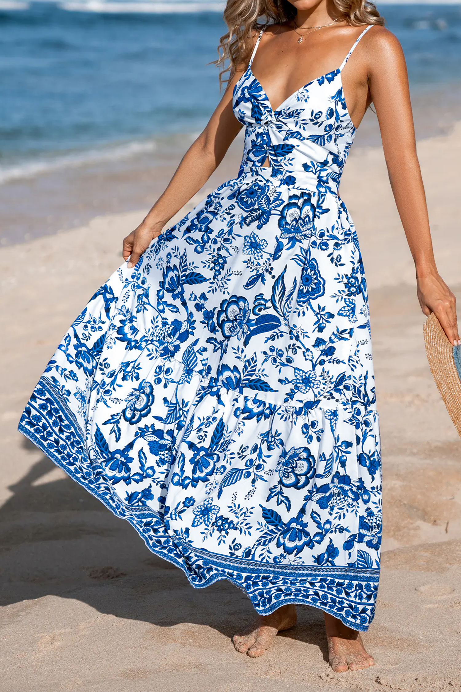 Lvness Sky Blue Twisted Bust Spaghetti Straps Backless Floral Maxi Dress