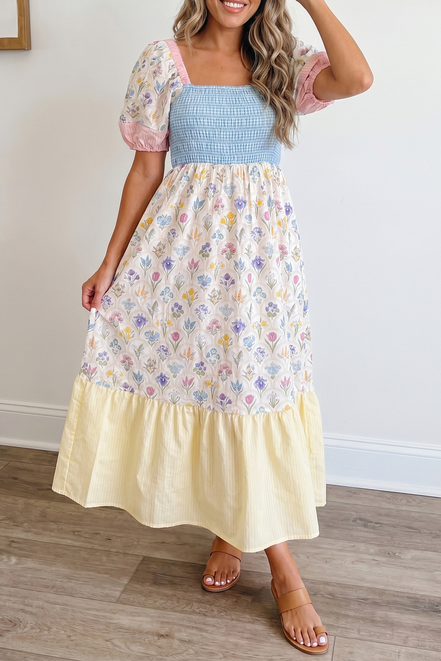 Lvness Floral Print Striped Color Block Patchwork Square Neck Shirred Long Dress