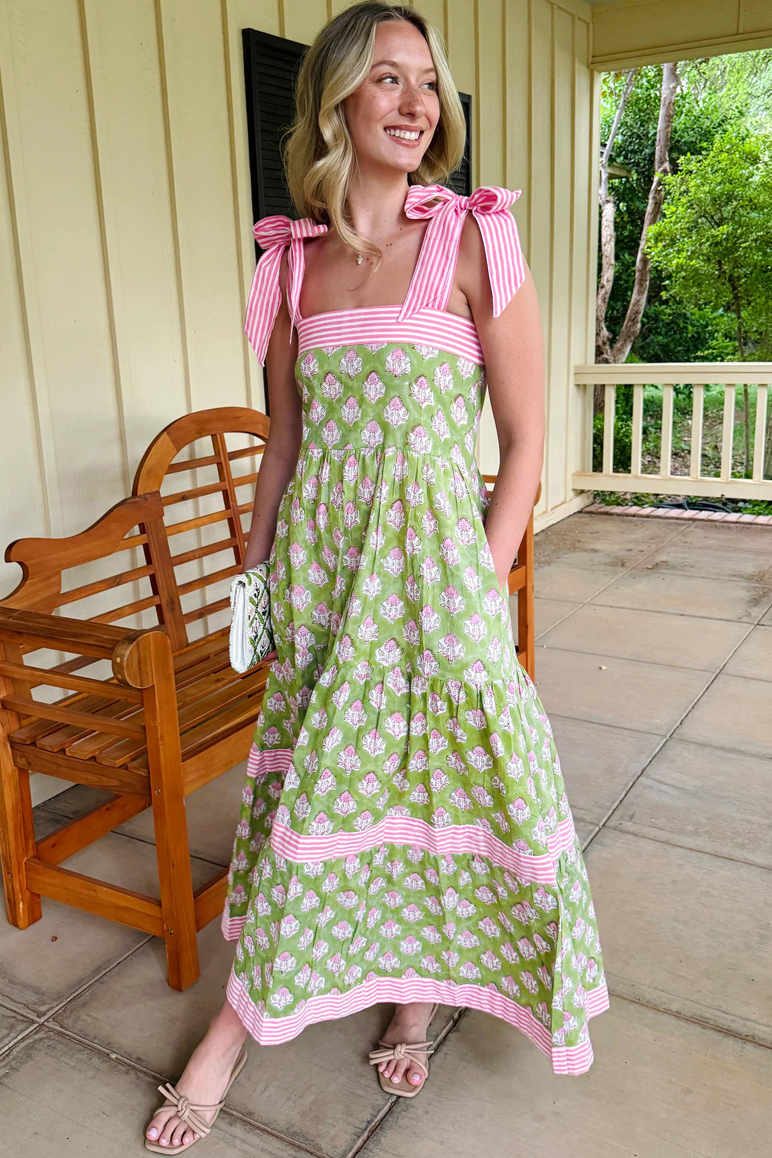 Lvness Green Floral Print Striped Detail Knot Straps Maxi Dress