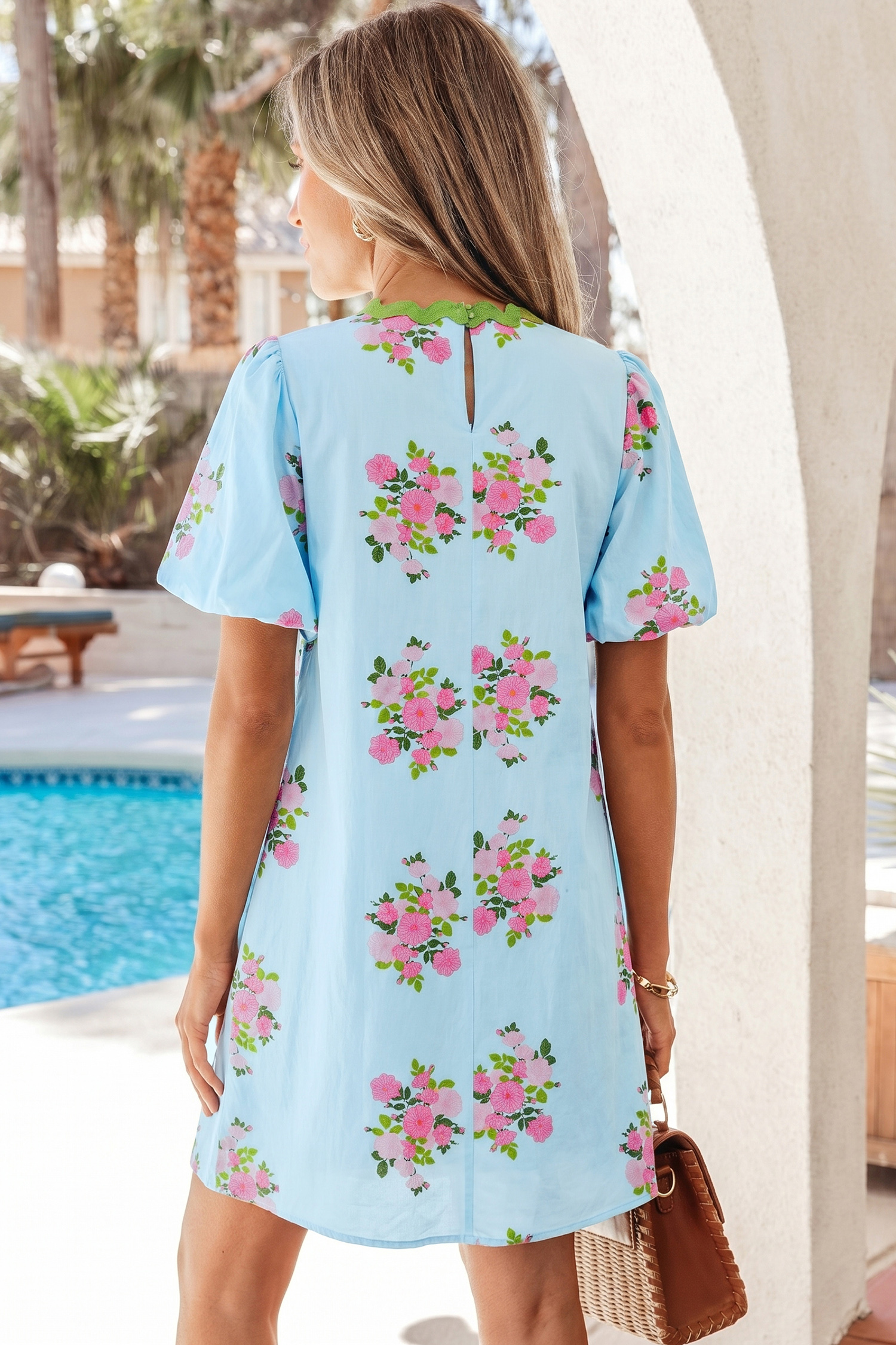 Lvness Sky Blue Floral Printed Contrast Ricrac Detail Bubble Sleeve Dress