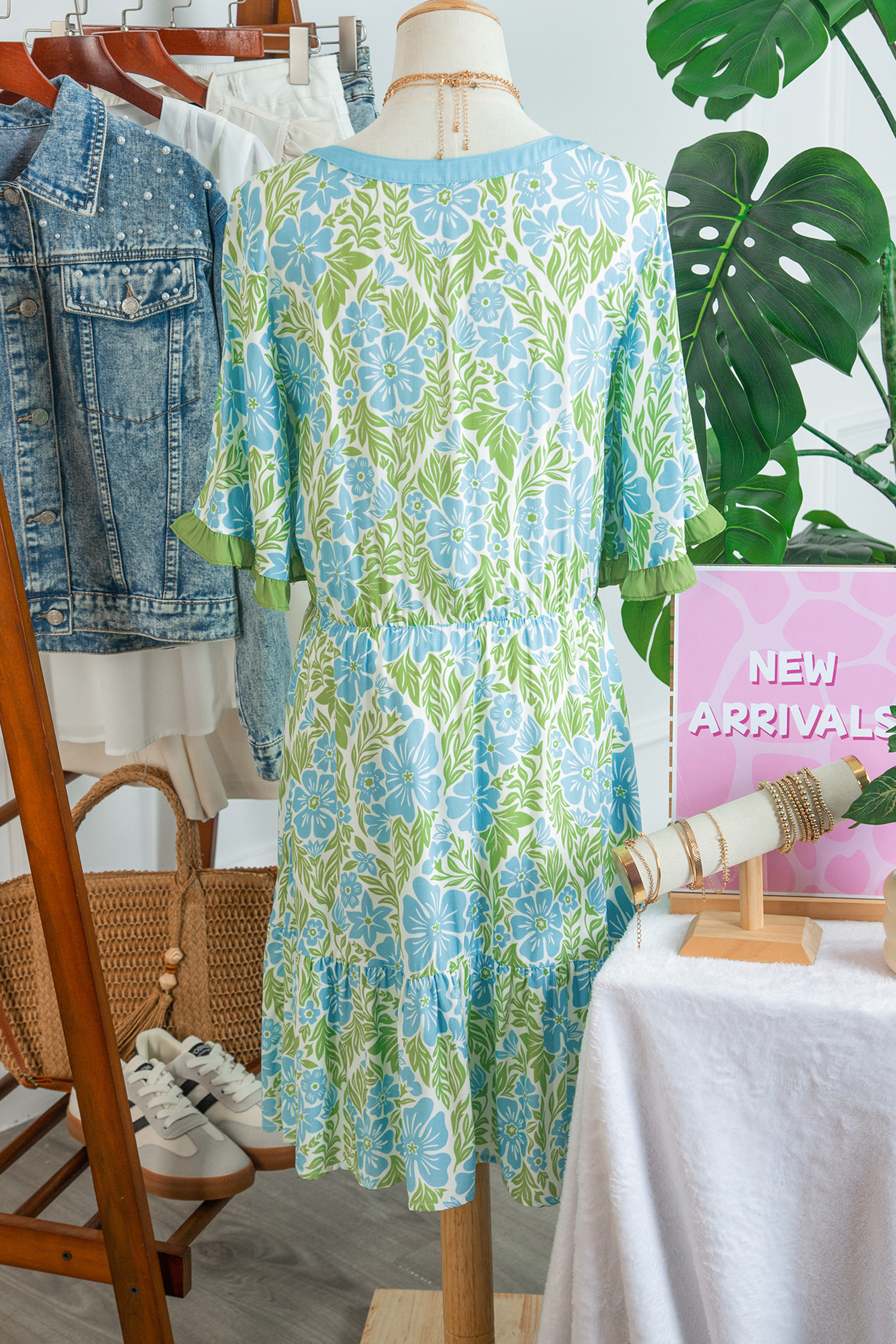 Lvness Sky Blue Floral Print High Waist Ruffle Short Sleeve Mini Dress