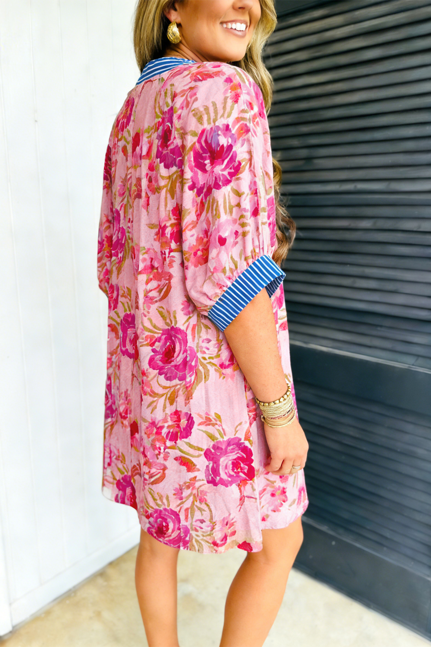 Lvness Floral Striped Patchwork Trim Half Sleeve Mini Dress