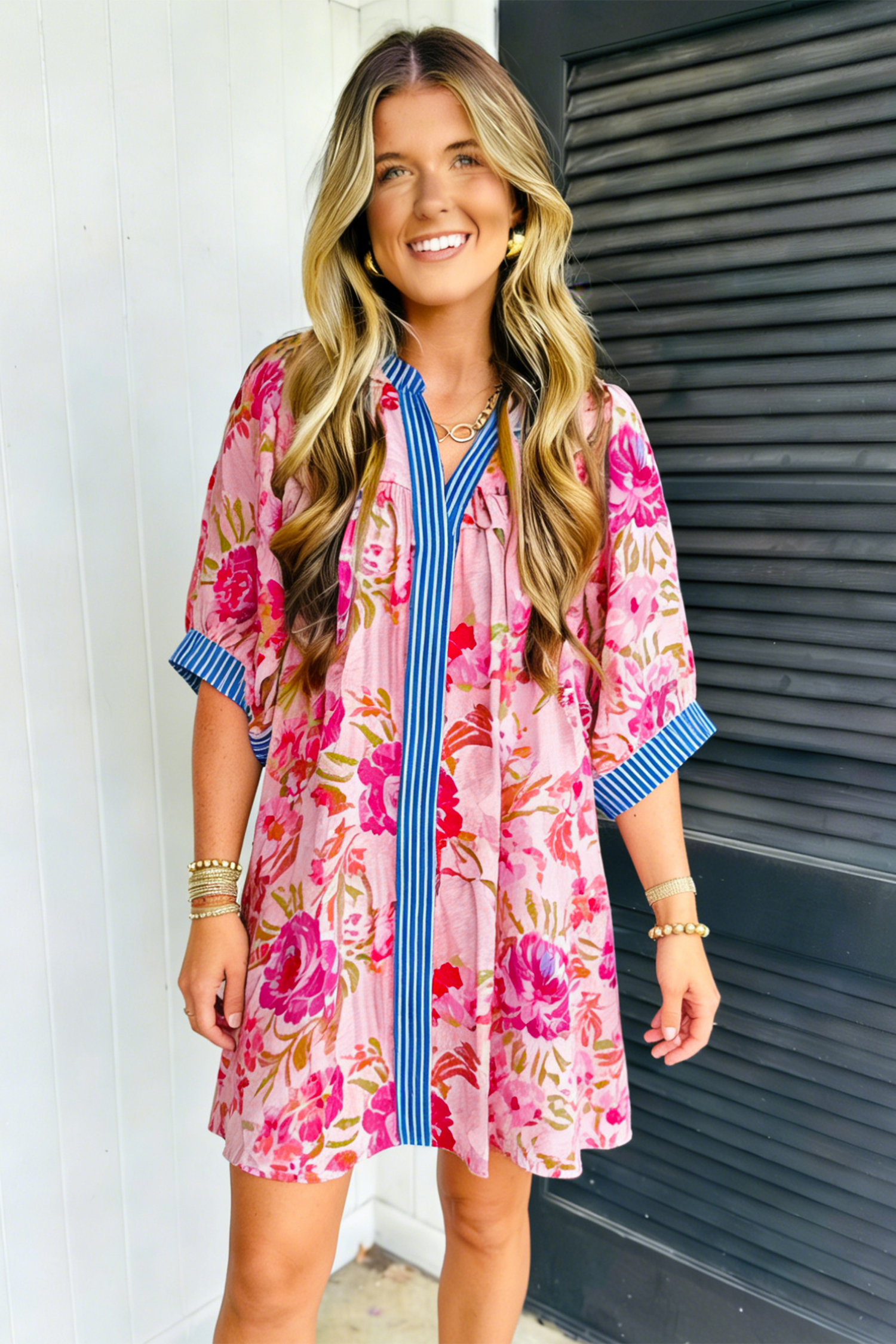 Lvness Floral Striped Patchwork Trim Half Sleeve Mini Dress