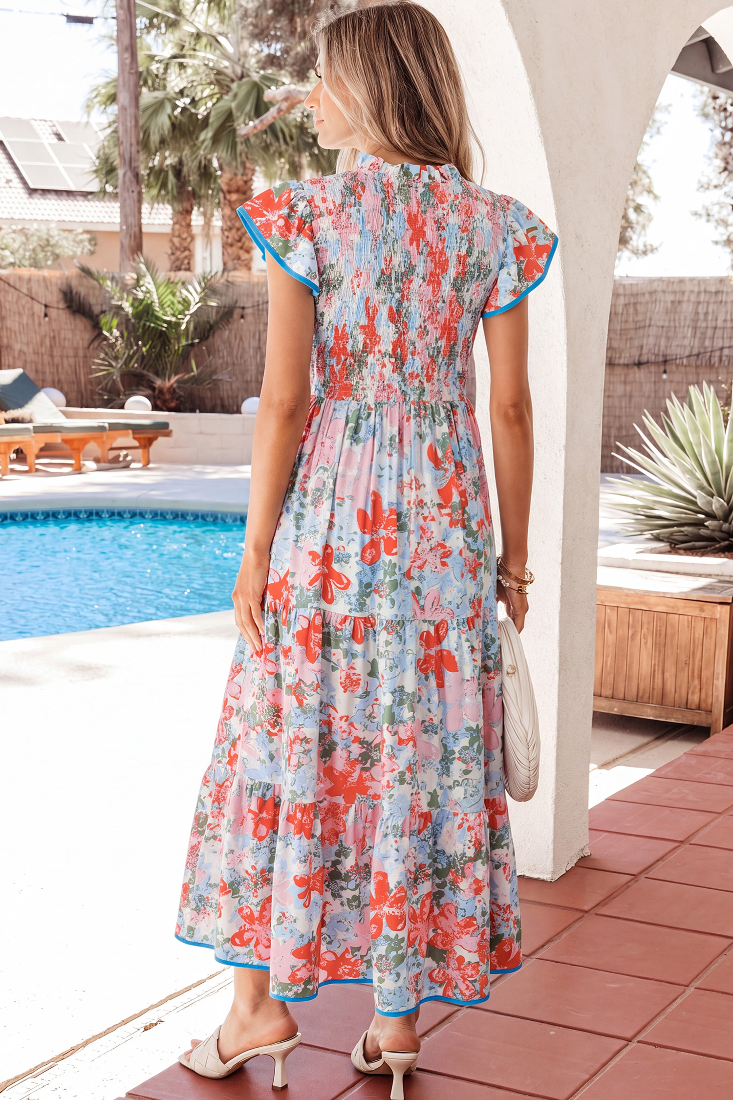 Lvness Apricot Floral Print V Neck Contrast Trim Flutter Sleeve Long Dress