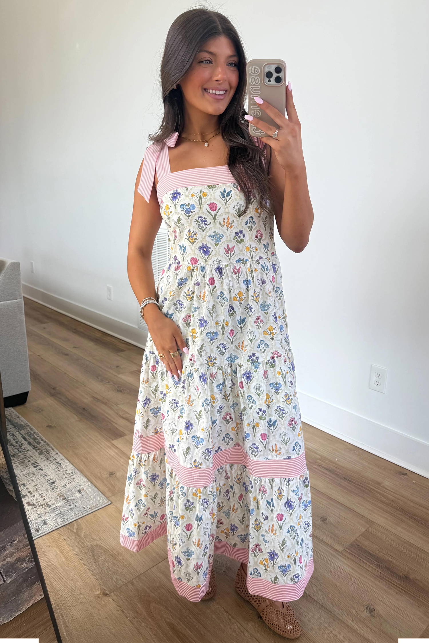 Lvness Floral Print Striped Detail Knot Straps Maxi Dress