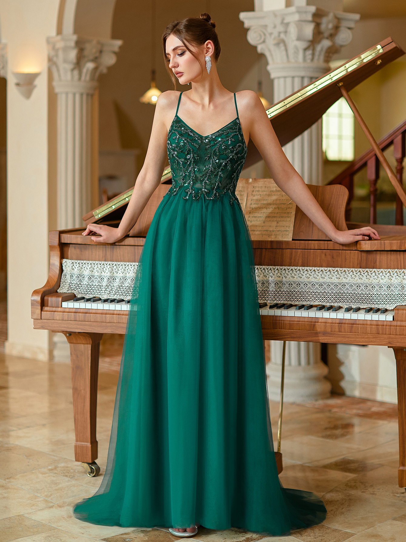 Modecrush Long Tulle A-line Spaghetti Beaded Women Evening Dress