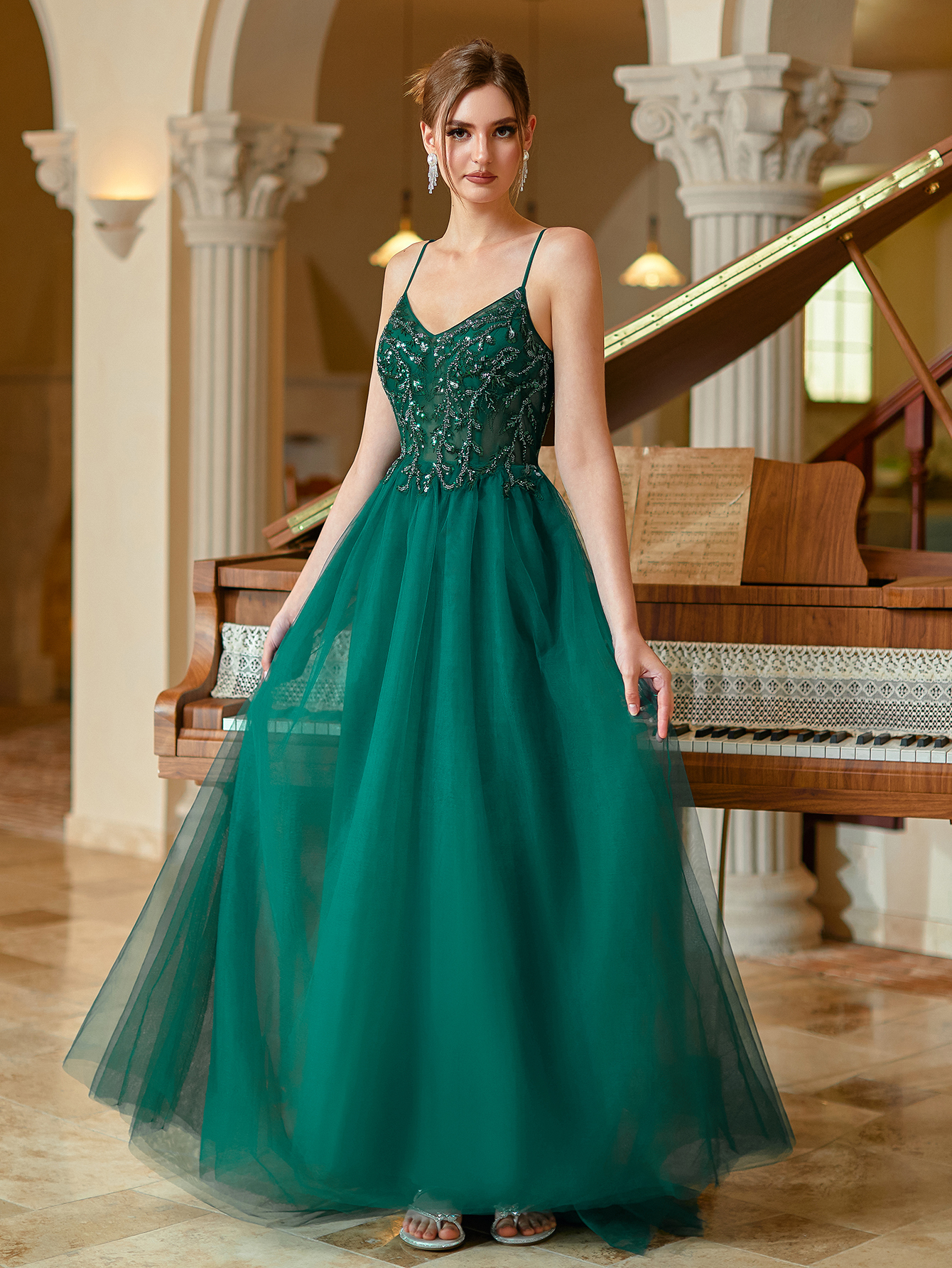 Modecrush Long Tulle A-line Spaghetti Beaded Women Evening Dress