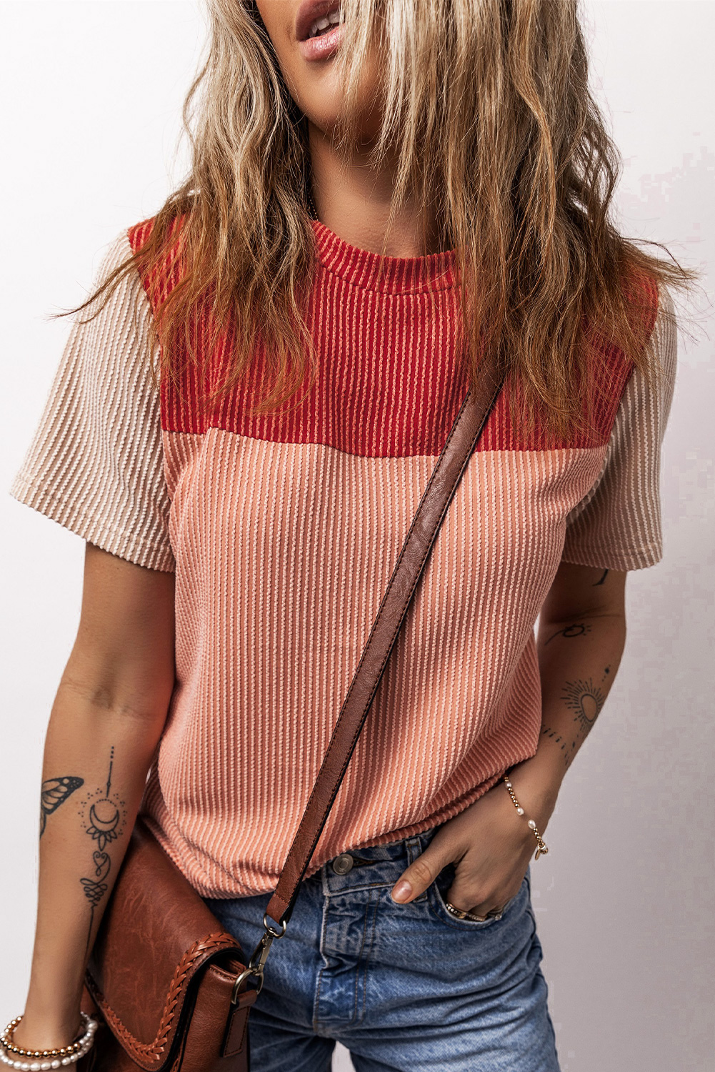 Red Rib Textured Colorblock T Shirt