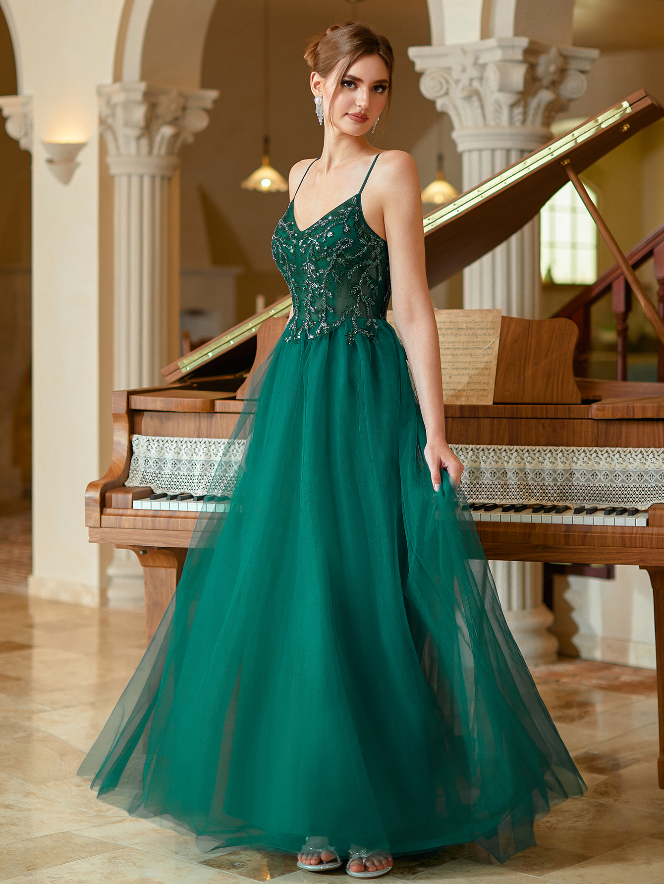 Modecrush Long Tulle A-line Spaghetti Beaded Women Evening Dress