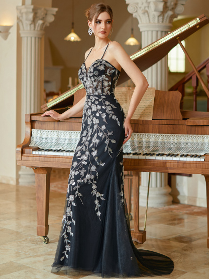 Elegant Black Heavy Embellished Beaded Tulle Evening Gown