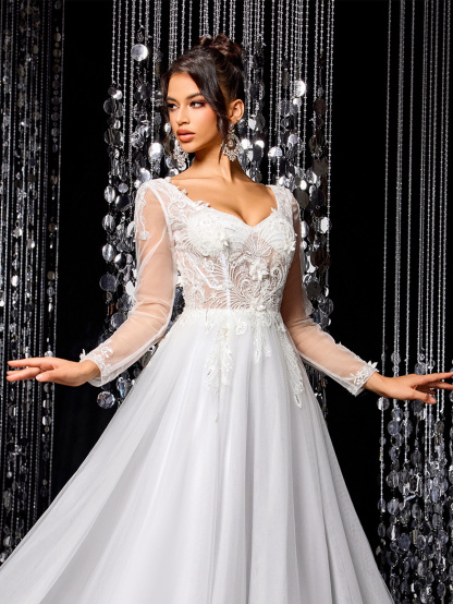 Modecrush White Elegant Women Wedding Dress, Gorgeous Beaded Embroidered Long Sleeve Mesh Bridal Gown