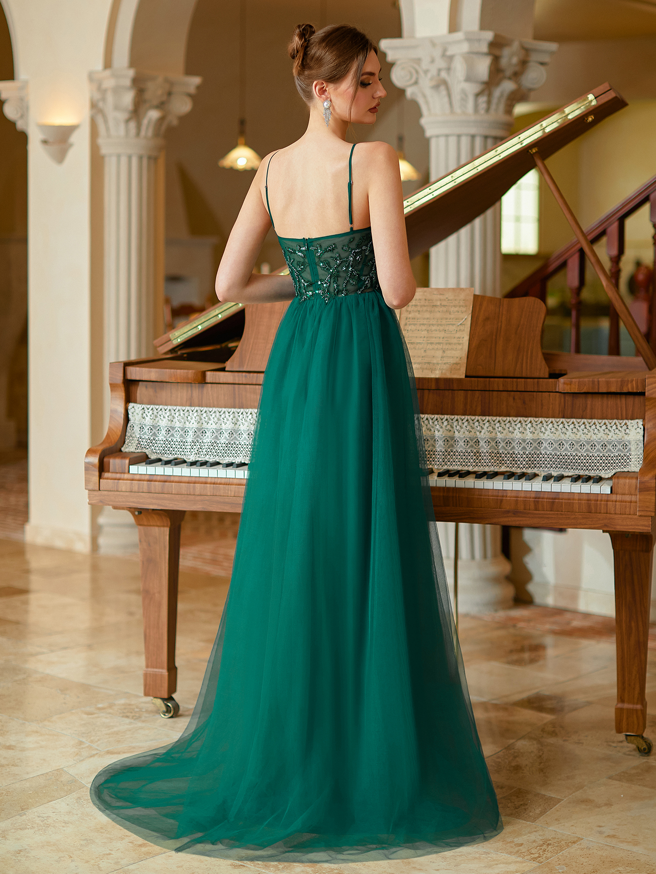 Modecrush Long Tulle A-line Spaghetti Beaded Women Evening Dress