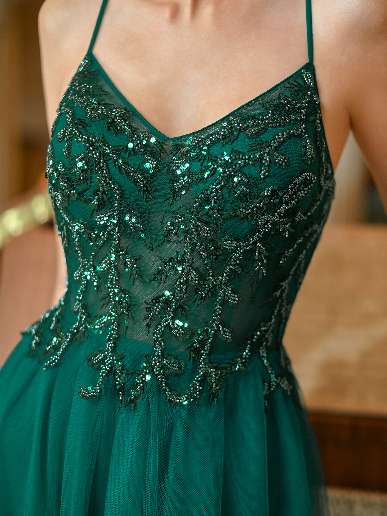 Modecrush Long Tulle A-line Spaghetti Beaded Women Evening Dress