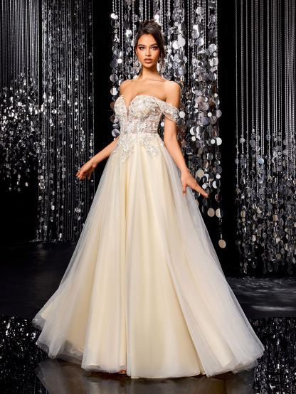 Modecrush White Women Long Dress Champagne A-Line Wedding Dress with Intricate Applique ? Elegant Bridal Gown , Wedding Guest