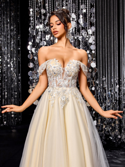 Modecrush White Women Long Dress Champagne A-Line Wedding Dress with Intricate Applique ? Elegant Bridal Gown , Wedding Guest