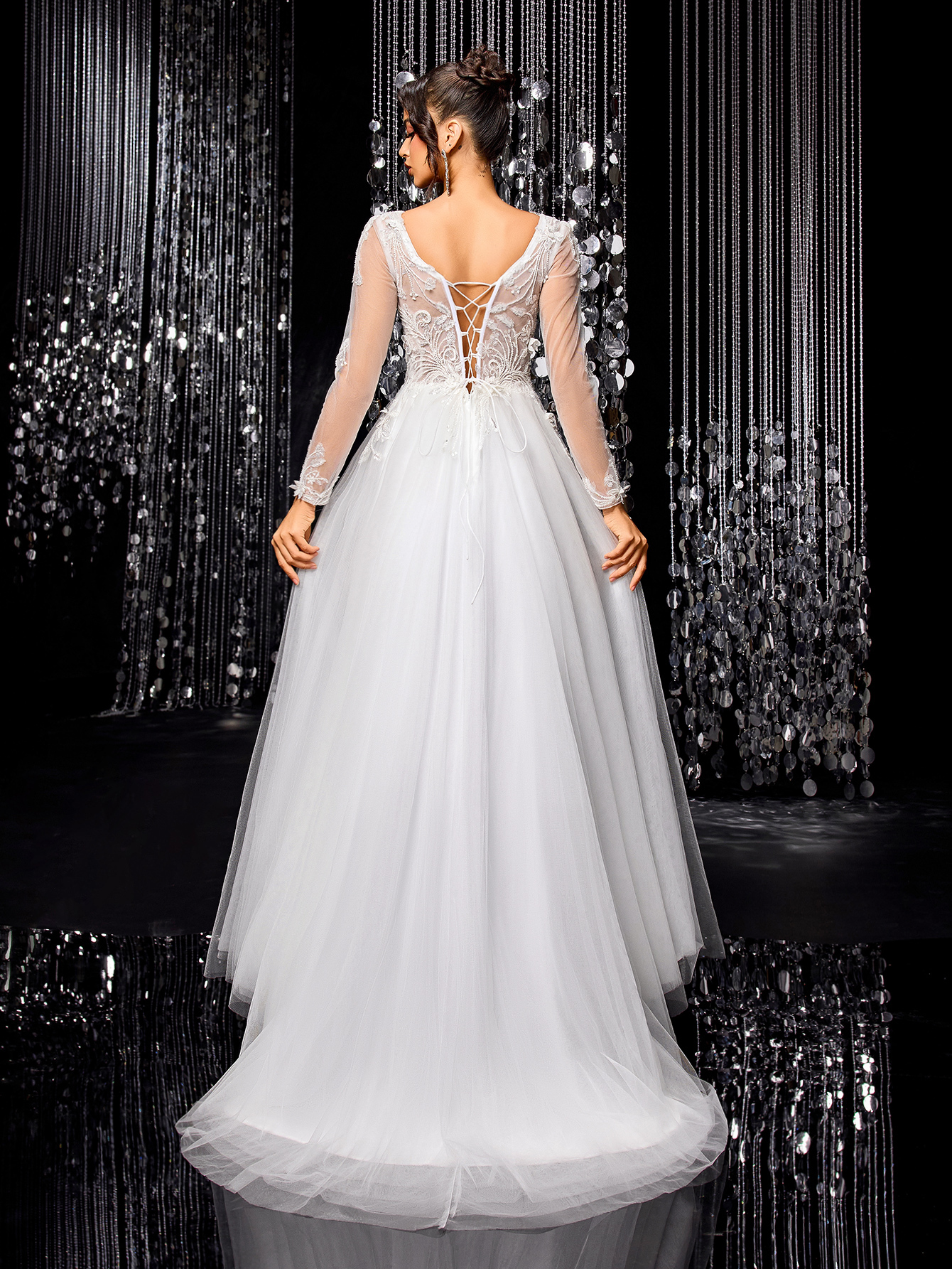 Modecrush White Elegant Women Wedding Dress, Gorgeous Beaded Embroidered Long Sleeve Mesh Bridal Gown