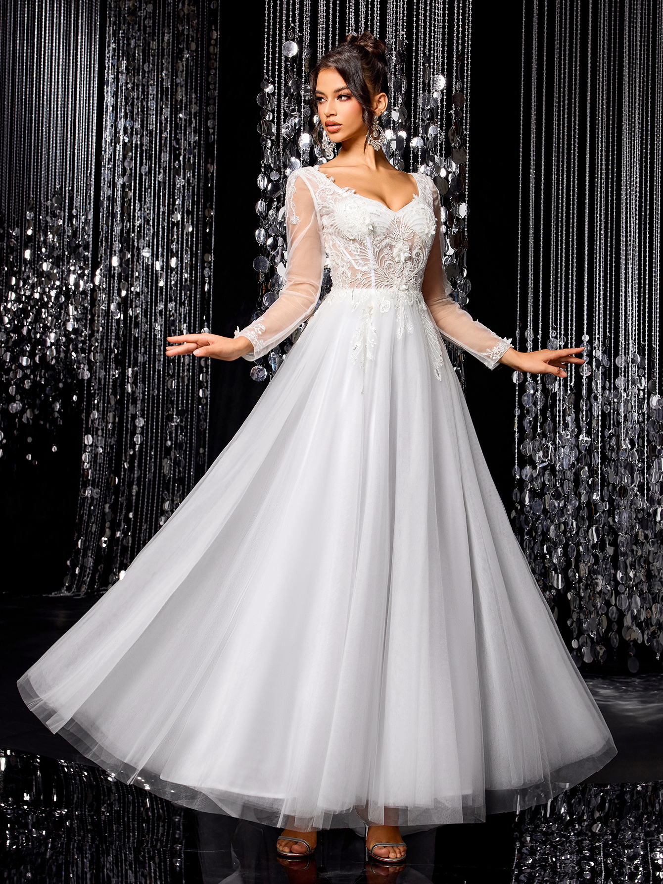 Modecrush White Elegant Women Wedding Dress, Gorgeous Beaded Embroidered Long Sleeve Mesh Bridal Gown