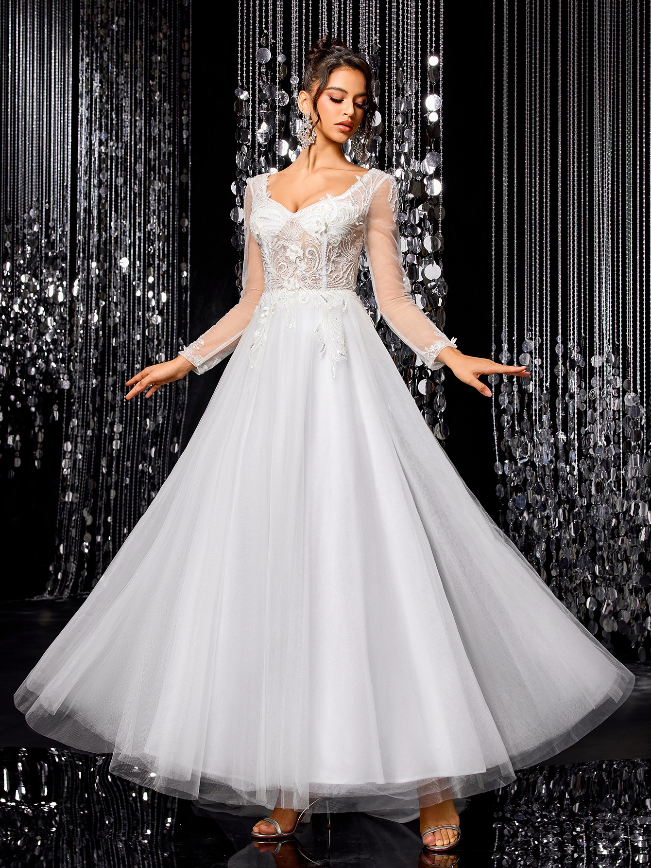 Modecrush White Elegant Women Wedding Dress, Gorgeous Beaded Embroidered Long Sleeve Mesh Bridal Gown