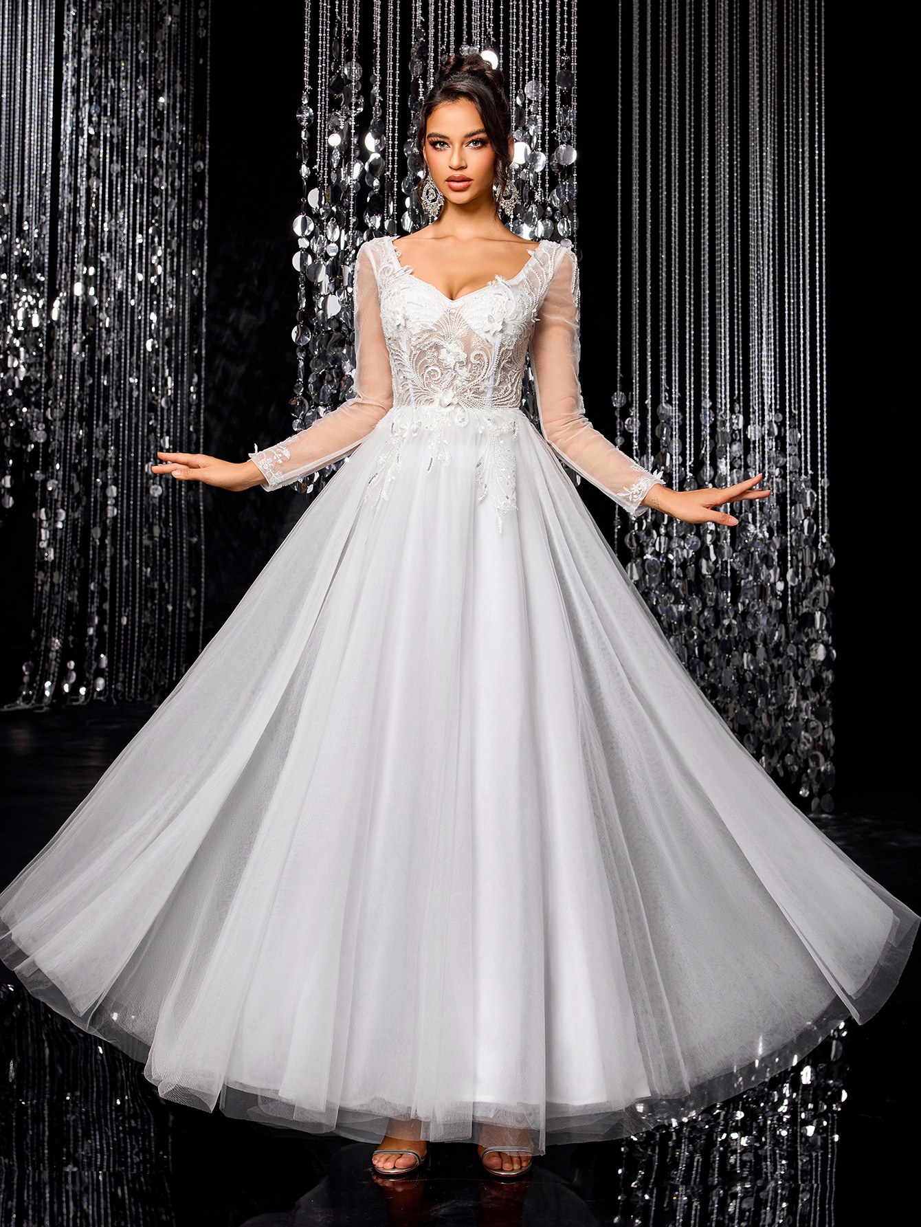 Modecrush White Elegant Women Wedding Dress, Gorgeous Beaded Embroidered Long Sleeve Mesh Bridal Gown