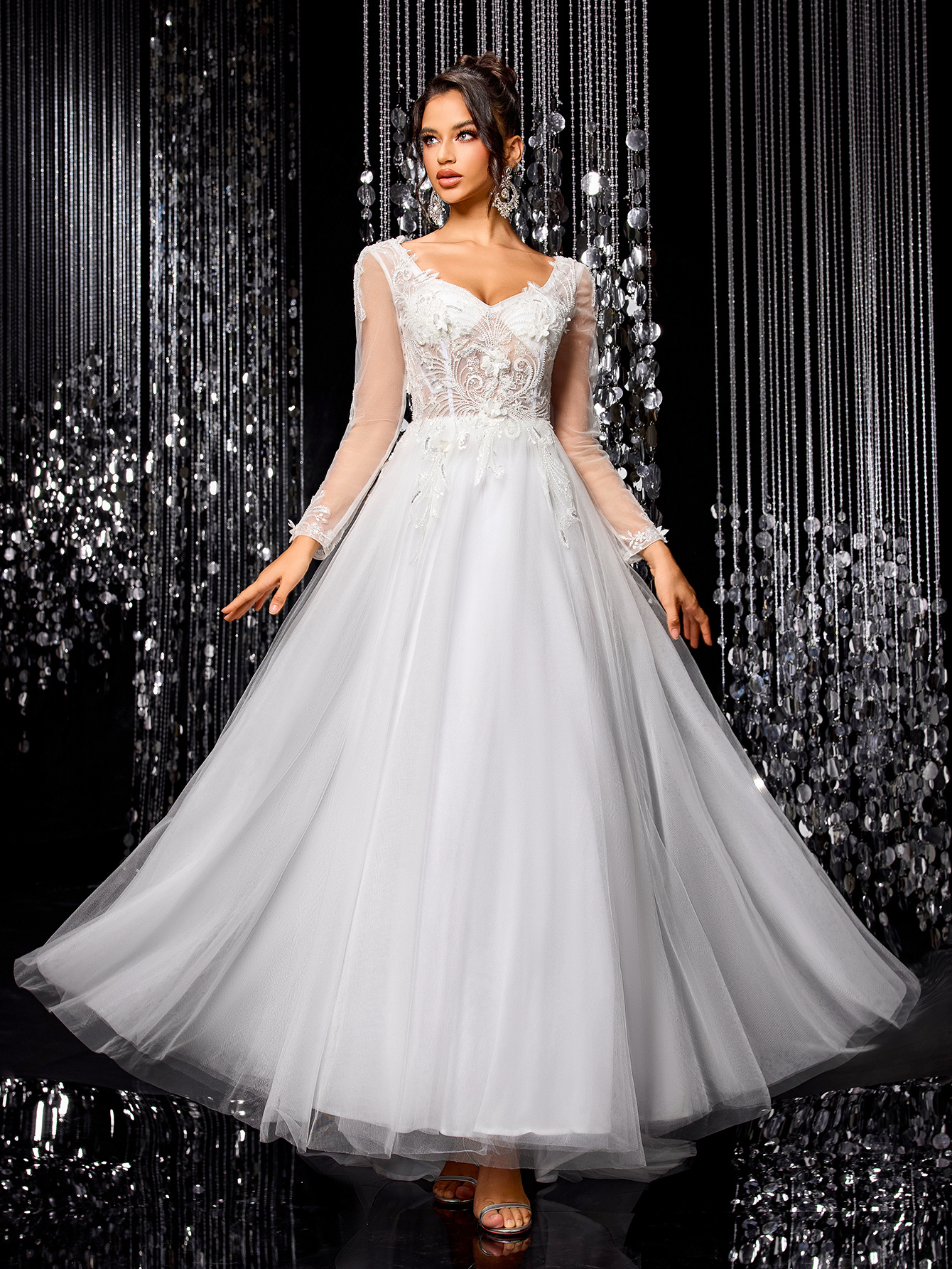Modecrush White Elegant Women Wedding Dress, Gorgeous Beaded Embroidered Long Sleeve Mesh Bridal Gown