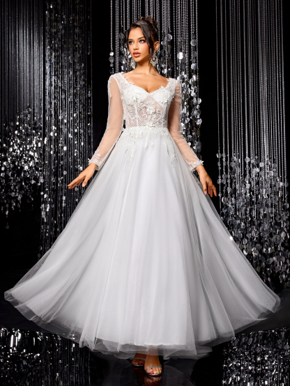Modecrush White Elegant Women Wedding Dress, Gorgeous Beaded Embroidered Long Sleeve Mesh Bridal Gown