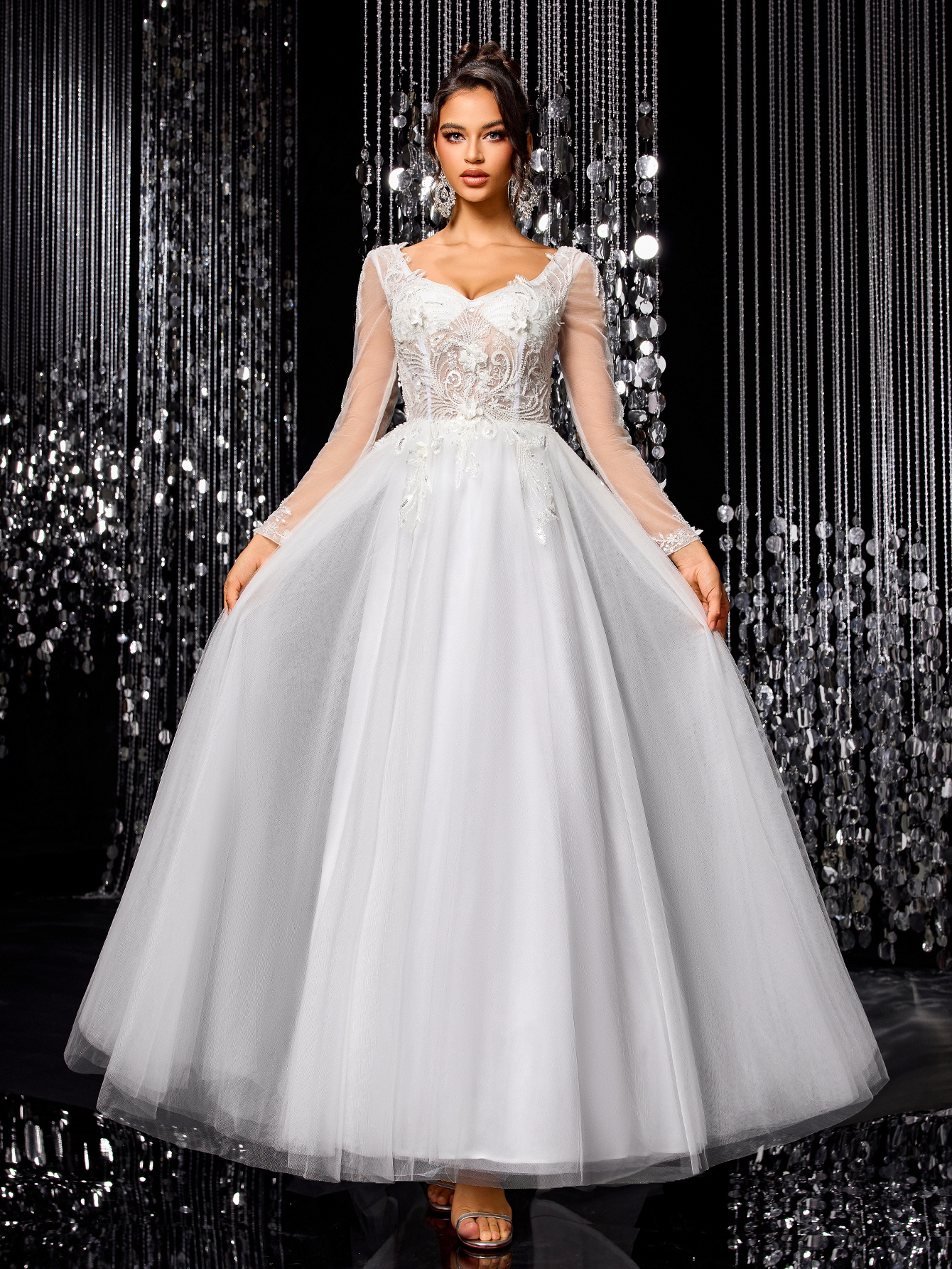 Modecrush White Elegant Women Wedding Dress, Gorgeous Beaded Embroidered Long Sleeve Mesh Bridal Gown