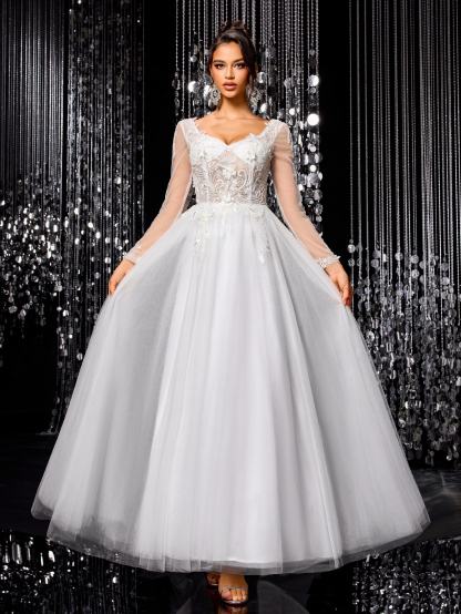 Modecrush White Elegant Women Wedding Dress, Gorgeous Beaded Embroidered Long Sleeve Mesh Bridal Gown