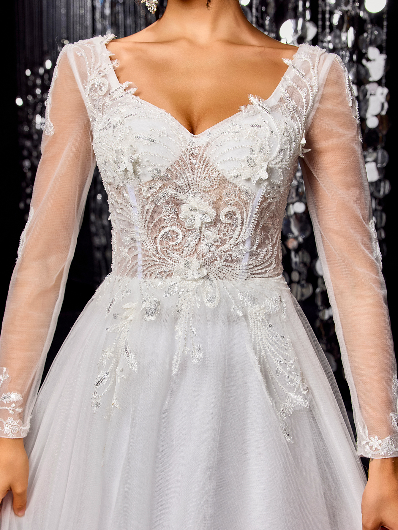 Modecrush White Elegant Women Wedding Dress, Gorgeous Beaded Embroidered Long Sleeve Mesh Bridal Gown