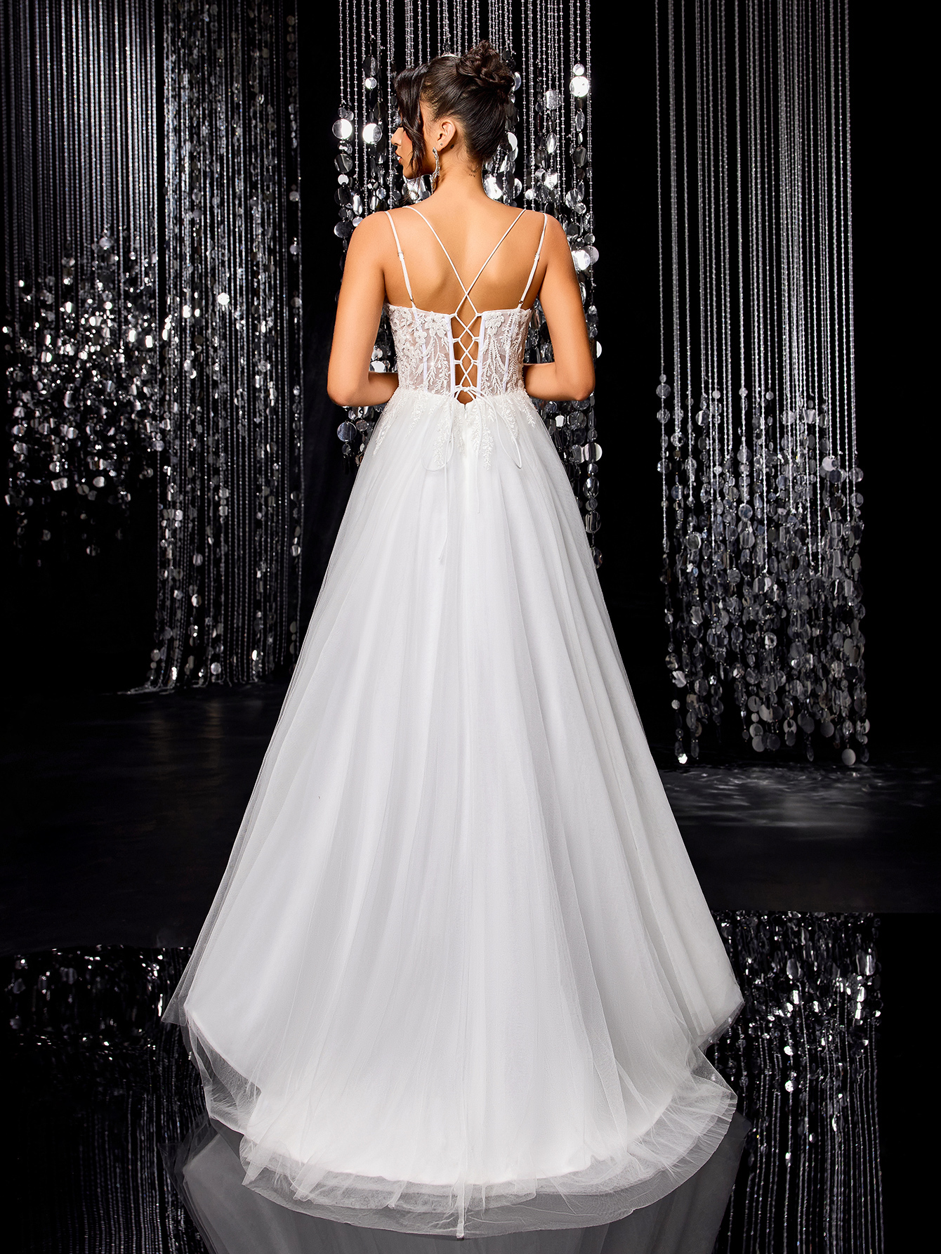 Modecrush Tulle Lace Bride Wedding Dress, A-line with Train Wedding Ball Gown, Backless Applique Beaded Bridal Gown, Outdoor Wedding Party Dress