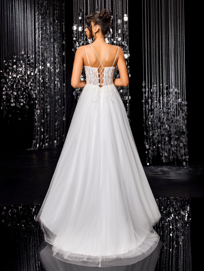 Modecrush Tulle Lace Bride Wedding Dress, A-line with Train Wedding Ball Gown, Backless Applique Beaded Bridal Gown, Outdoor Wedding Party Dress