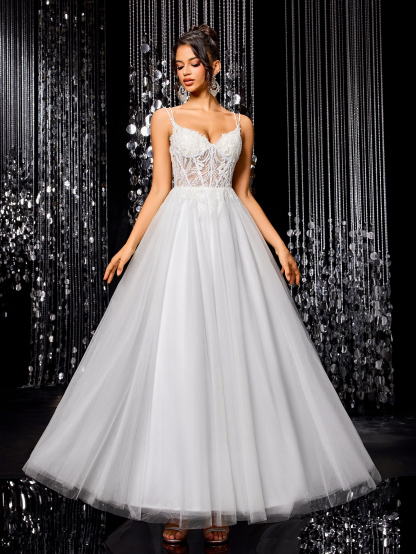 Modecrush Tulle Lace Bride Wedding Dress, A-line with Train Wedding Ball Gown, Backless Applique Beaded Bridal Gown, Outdoor Wedding Party Dress