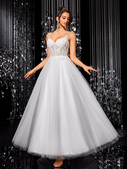 Modecrush Tulle Lace Bride Wedding Dress, A-line with Train Wedding Ball Gown, Backless Applique Beaded Bridal Gown, Outdoor Wedding Party Dress