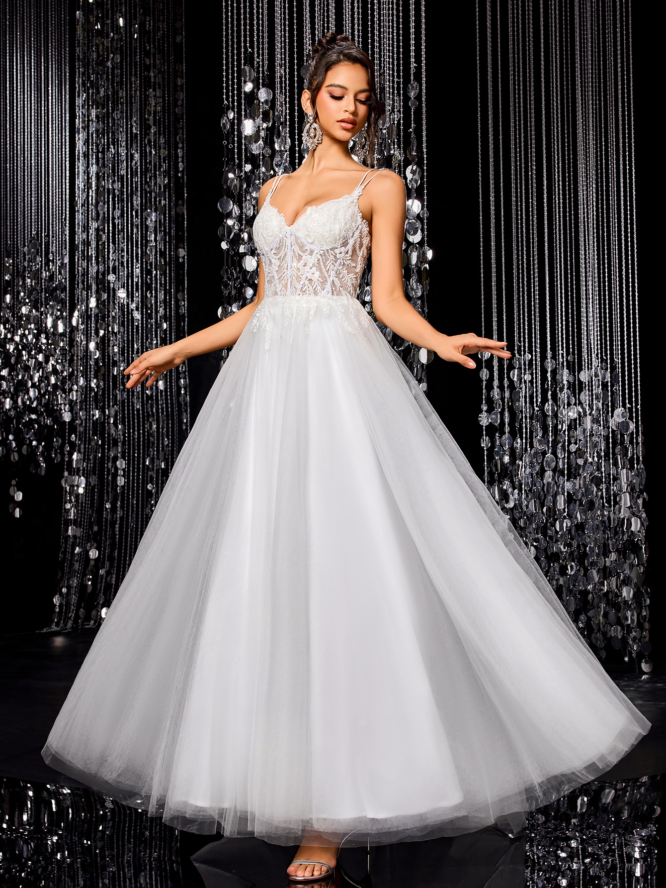 Modecrush Tulle Lace Bride Wedding Dress, A-line with Train Wedding Ball Gown, Backless Applique Beaded Bridal Gown, Outdoor Wedding Party Dress