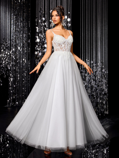 Modecrush Tulle Lace Bride Wedding Dress, A-line with Train Wedding Ball Gown, Backless Applique Beaded Bridal Gown, Outdoor Wedding Party Dress