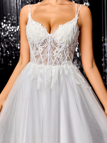 Modecrush Tulle Lace Bride Wedding Dress, A-line with Train Wedding Ball Gown, Backless Applique Beaded Bridal Gown, Outdoor Wedding Party Dress