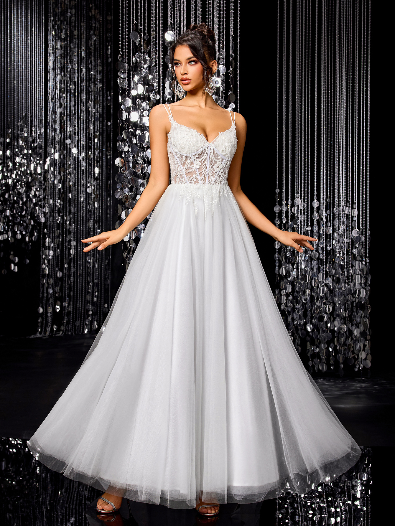 Modecrush Tulle Lace Bride Wedding Dress, A-line with Train Wedding Ball Gown, Backless Applique Beaded Bridal Gown, Outdoor Wedding Party Dress